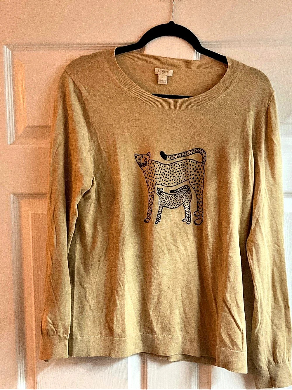 J.CREW Embroidered Cheetah Teddie Sweater Beige Large